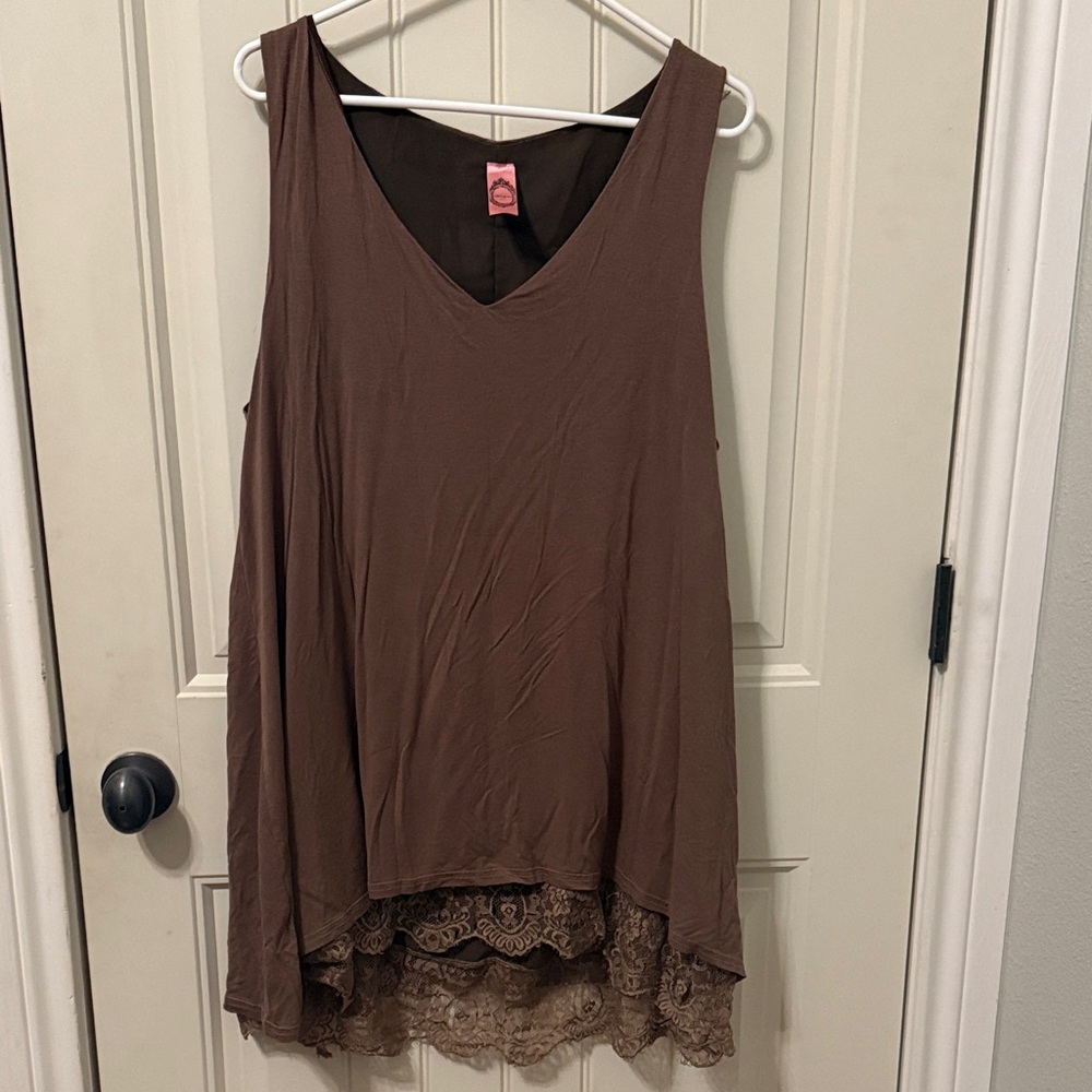 Honeyme Brown Lace Trim Tunic Top